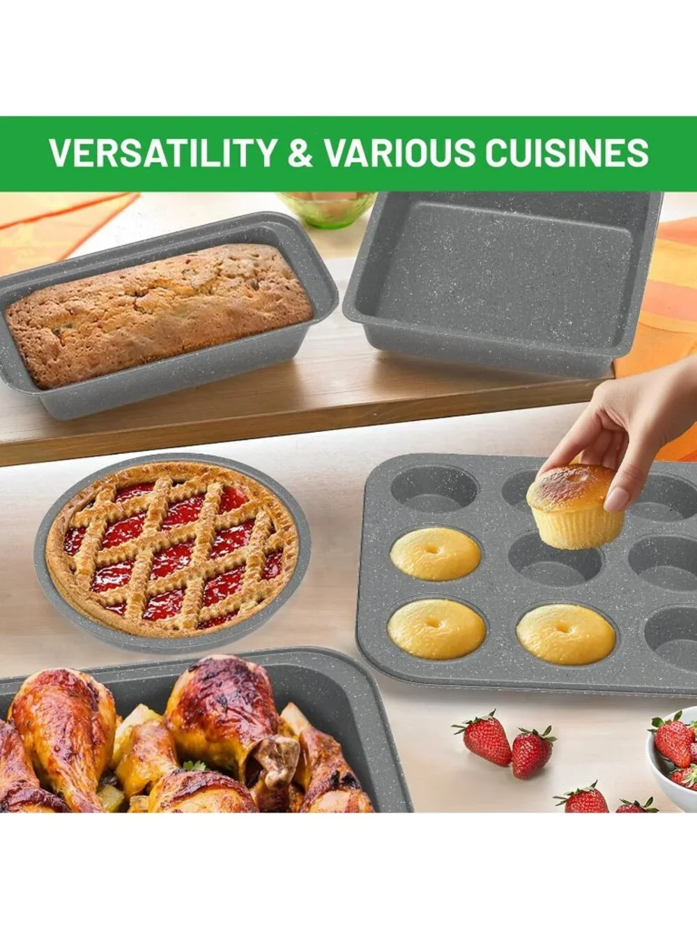 5-Piece Gray Baking Sheet Set Including Round/Square Cake Pan Baking Pans Set